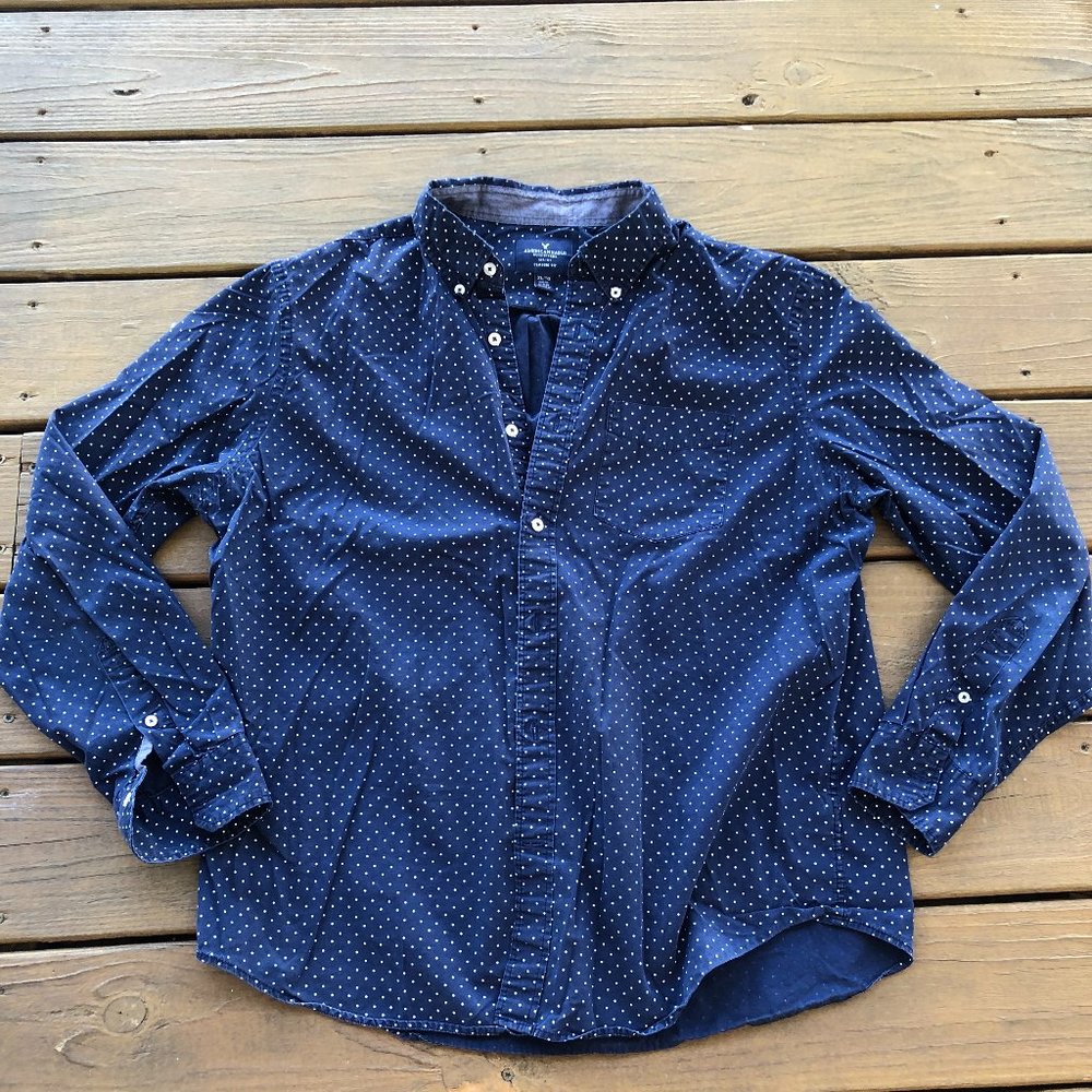 AE Navy and White Polka Dot Button Down
